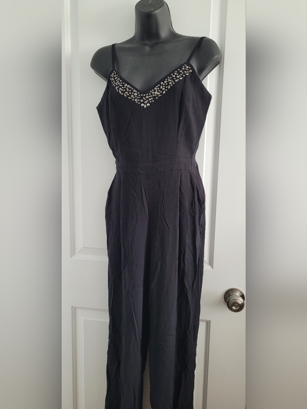 Guess Black Spagetti Strap Jumpsuit with Embellished V-Neckline